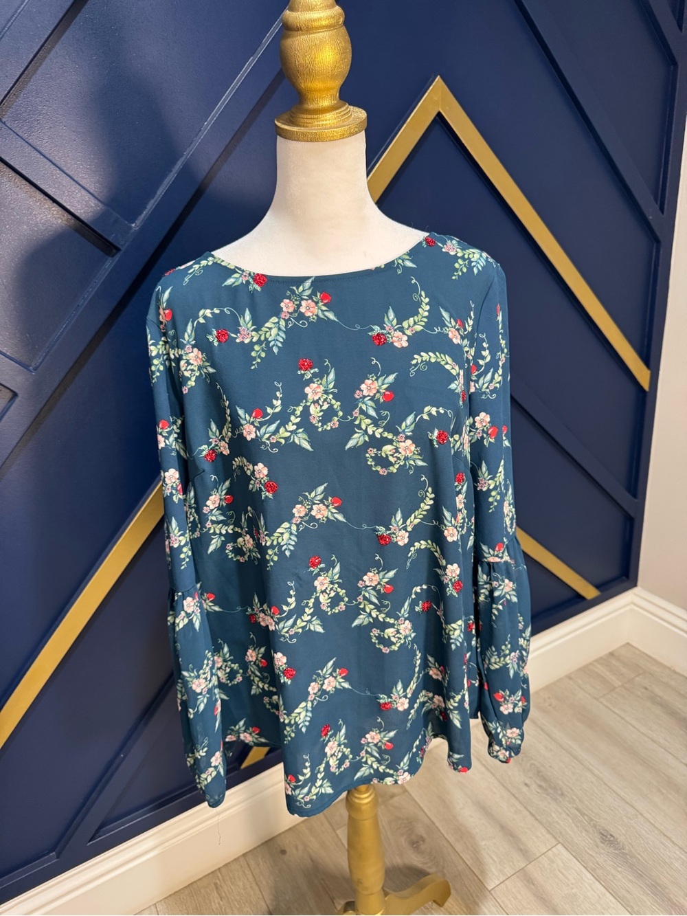 Disney Teal Floral Long-Sleeve Blouse with Red Accents